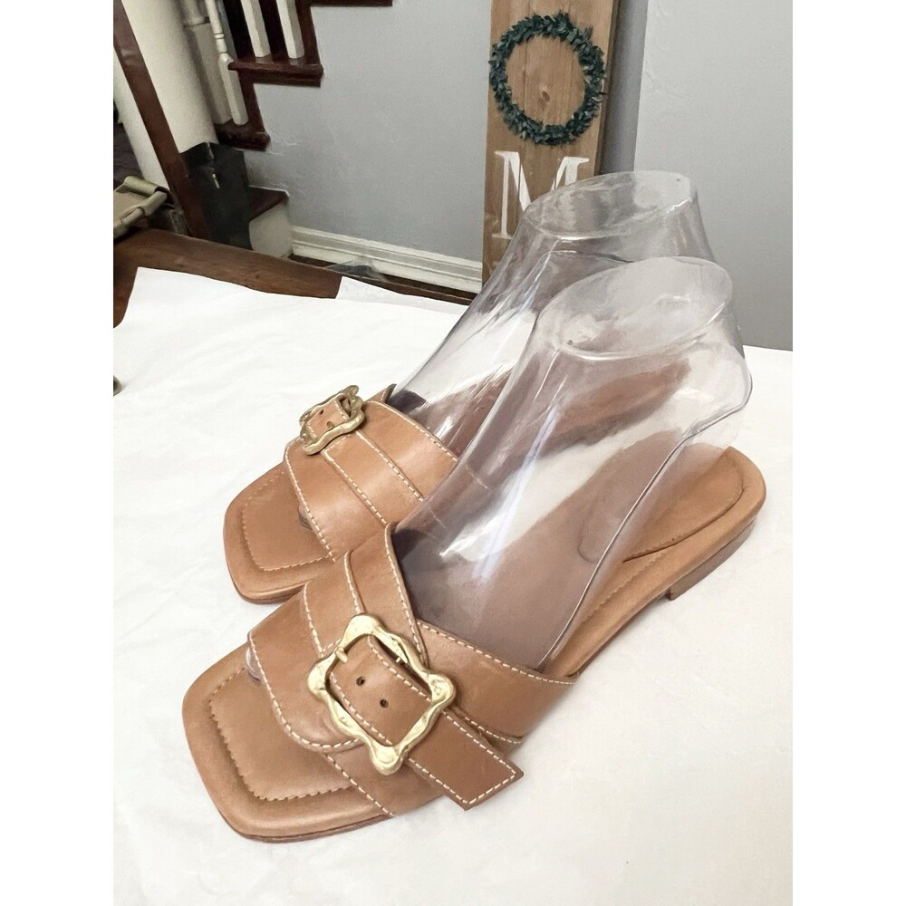 Schutz Wavy Sandals Size 7.5 $155 Brown Leather Flats Buckle Slides Casual Shoes - Picture 3 of 8